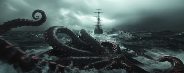 Free Photo gigantic kraken resurfacing from ocean