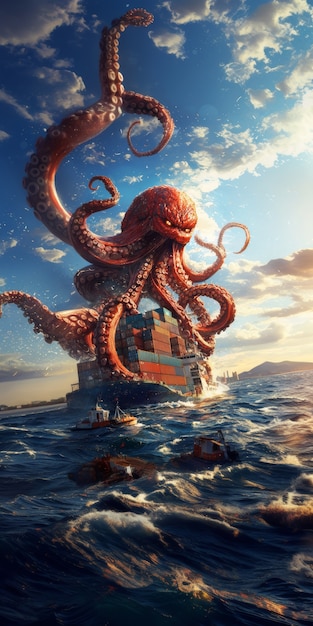 Free Photo gigantic kraken resurfacing from ocean