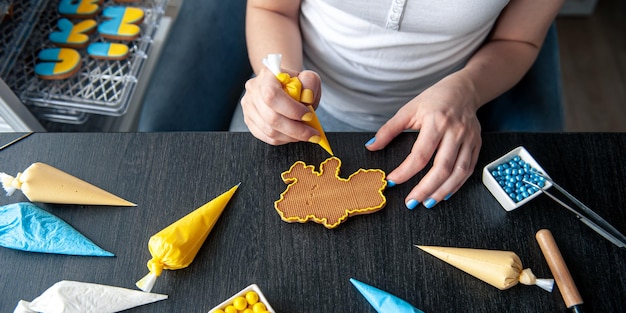 Gingerbread in the shape of ukraine handmade patriotic cookies