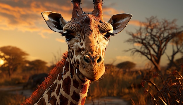 Giraffe grazing in the African savannah bathed in golden sunlight generated by artificial intelligence