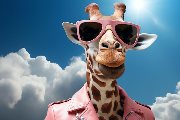 Giraffe head with pink sunglasses in the cloud AI generted image