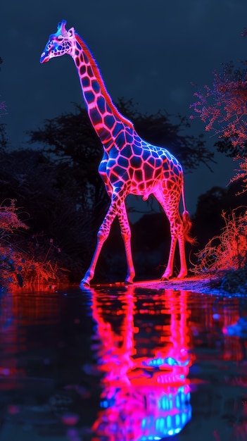 Free photo giraffes in neon lights