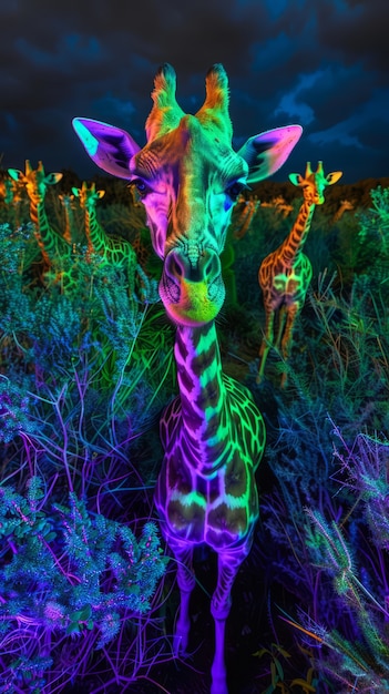 Free photo giraffes in neon lights