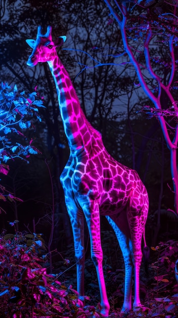 Free photo giraffes in neon lights