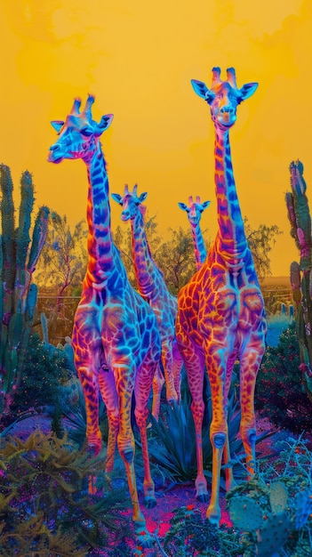 Free photo giraffes in neon lights