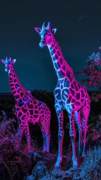 Free photo giraffes in neon lights