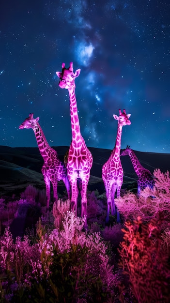 Free photo giraffes in neon lights