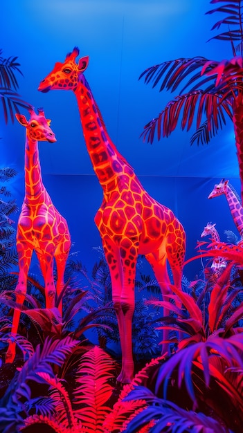 Free photo giraffes in neon lights