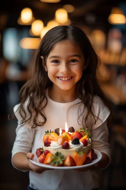 Girl holding delicious birthday cake