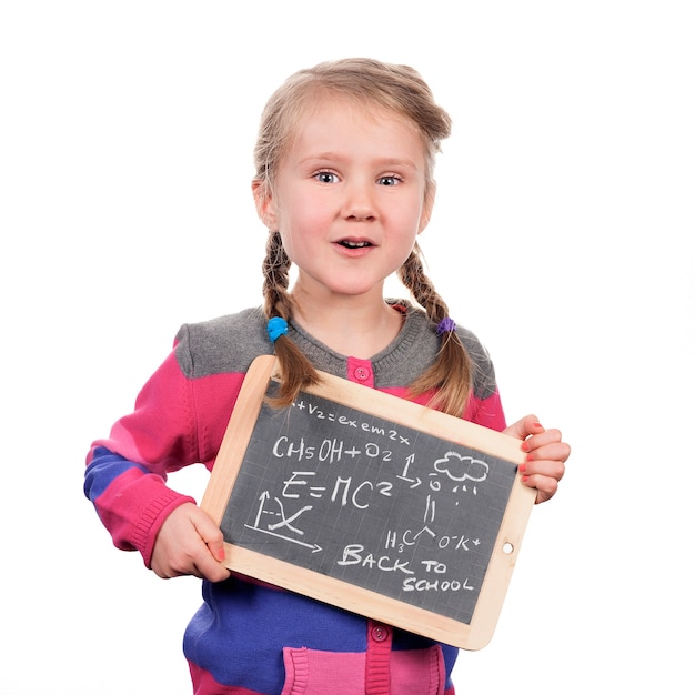 Free photo girl holding slate on white space