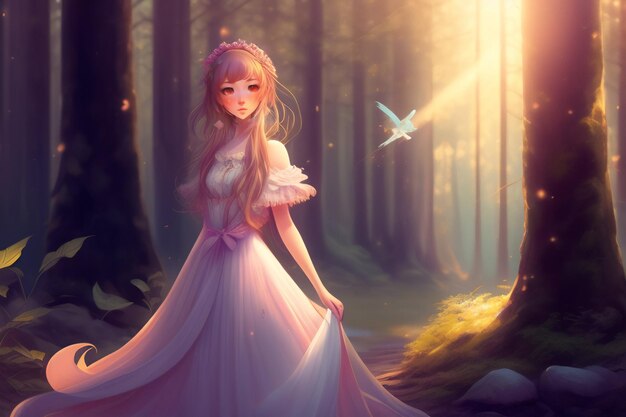 Free Photo a girl in a pink dress stands in a forest with a bird flying in the background.