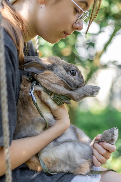 Free Photo a girl plays with a domestic rabbit on the street pet concept