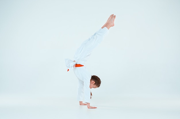 The girl posing at Aikido training in martial arts school. Healthy lifestyle and sports concept