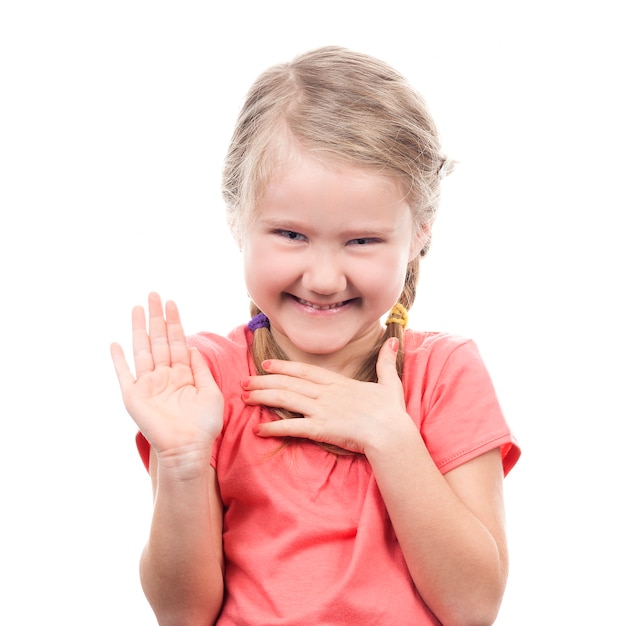 Girl showing her hand up, isolated on white