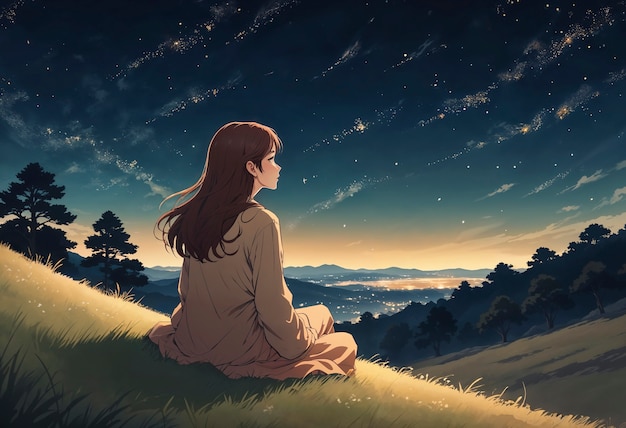 Free photo girl sits in a field with the stars in the sky