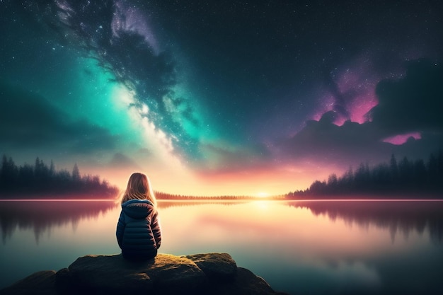 Free photo a girl sits on a rock looking at the sky with the milky way in the background.