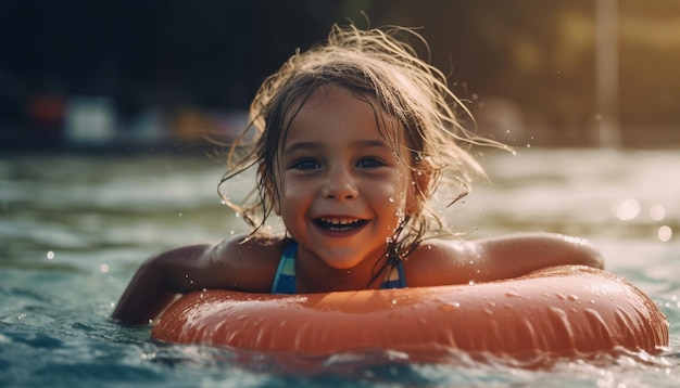 Free photo a girl in a swimsuit smiles as she floats in a river.