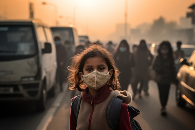 Girl wearing face mask for extreme pollution