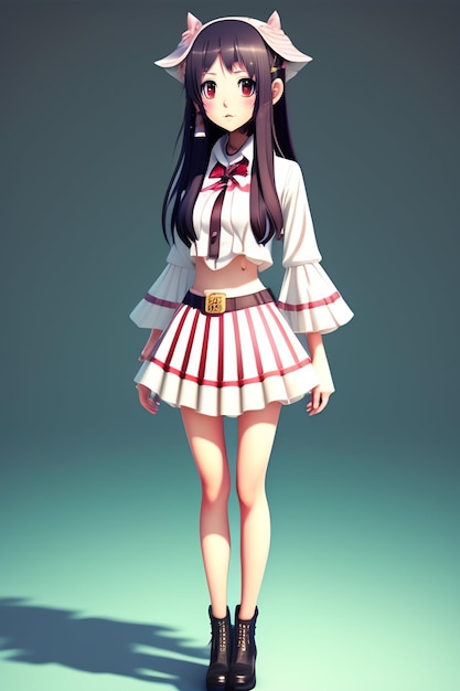 A girl in a white skirt and a red and white skirt with the word on it