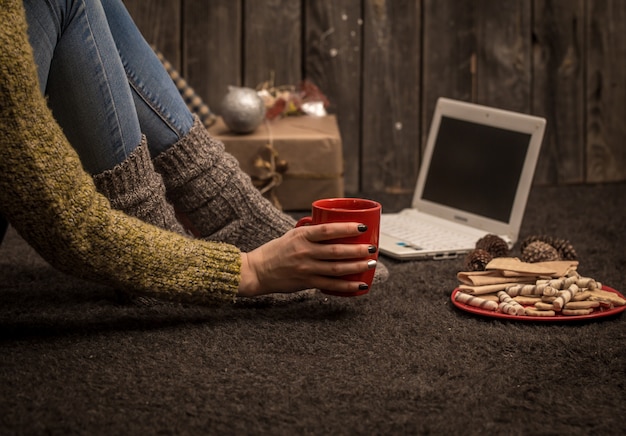 Free photo the girl with the computer and with the beautiful christmas decor and concept holidays