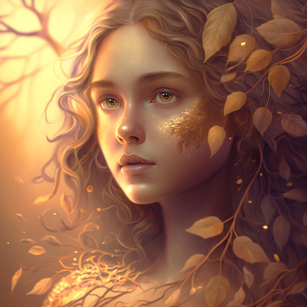 A girl with golden leaves in a forest