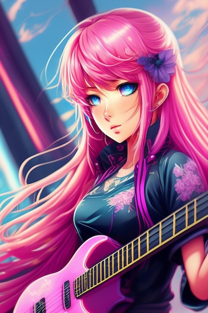 A girl with a guitar in her hair