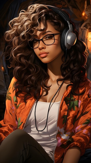 Free Photo girl with headphone cartoon illustration