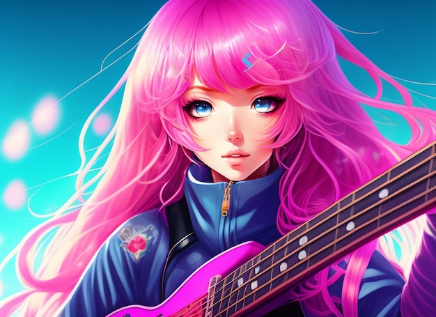 Free photo a girl with pink hair and a guitar