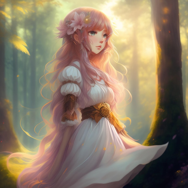 A girl with pink hair and a white dress with a flower on her head stands in a forest.