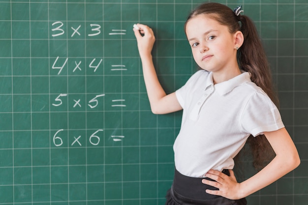 Girl writing calculation on blackboard