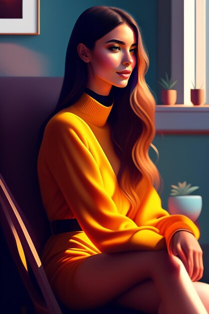 A girl in a yellow sweater sits on a chair and looks out the window.