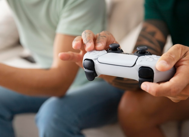 Girlfriend and boyfriend playing video games together at home