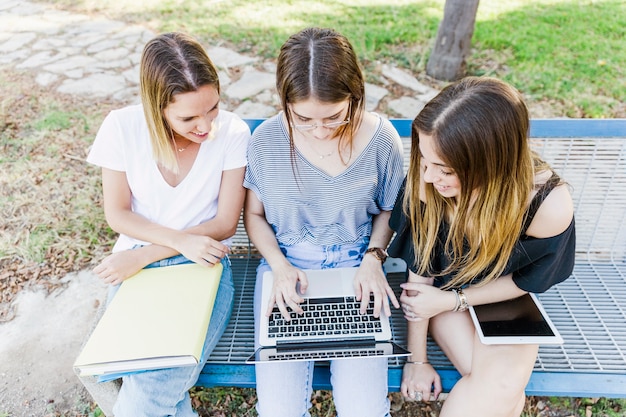 Free photo girlfriends studying with laptop on bench