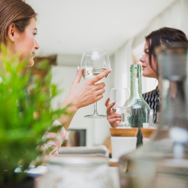 Girls discussing at table indoors