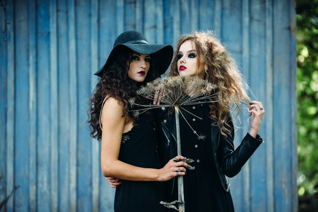 Girls disguised as witches posing with a broom