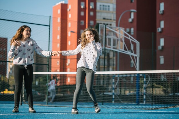 Girls playing on rooftop