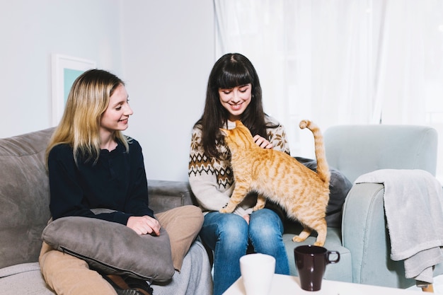 Free photo girls on sofa having fun with cat