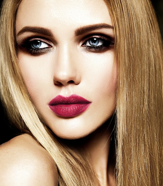 glamour portrait of beautiful blond woman model lady with fresh daily makeup with red lips color and clean healthy skin