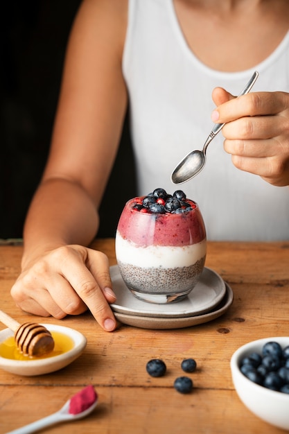 Glass cup of delicious acai brazilian dessert