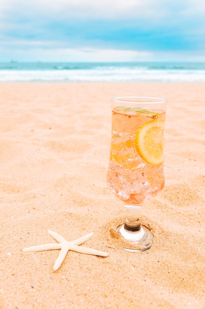 Free Photo glass of fresh drink with sliced citrus and starfish