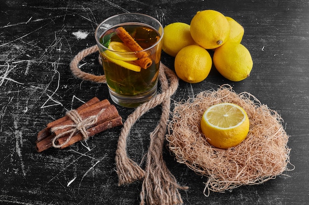 A glass of glintwine with lemon. 