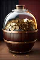 Free photo a glass jar with gold coins in it and a mouse on the top.