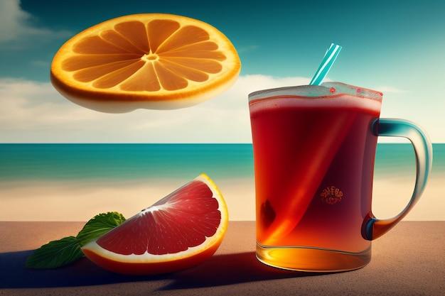 Free photo a glass of juice with a slice of orange on the beach.