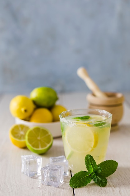 Free Photo glass of lemonade with ice cubes