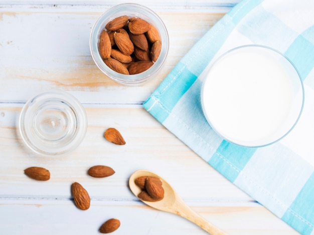 Glass of milk with almonds