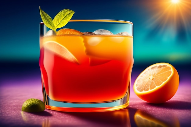 Free photo a glass of orange cocktail with a green leaf on the rim