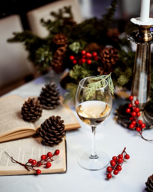 A glass of white wine with berries