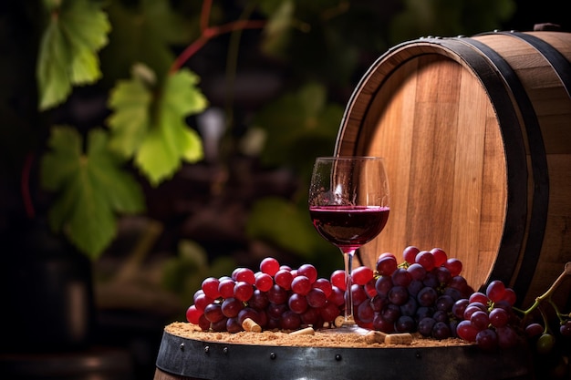 A glass of wine and grapes on a wooden barrels fresh