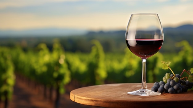 A glass of wine on an old table with a vineyard background