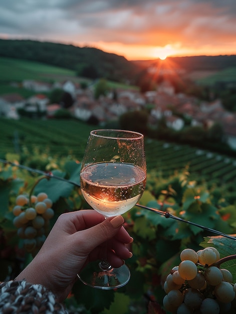 Free Photo glass of  wine with stunning view of vineyard at sunset